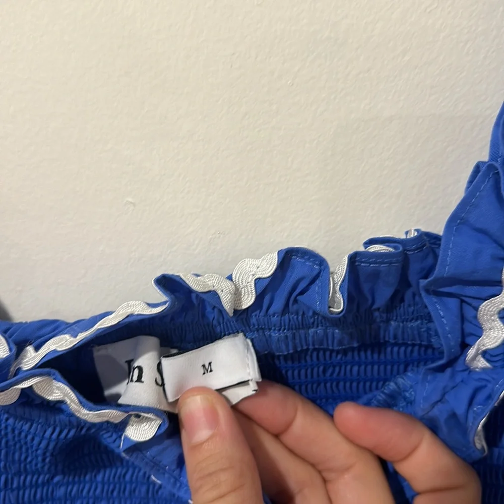 • En Saison • Women’s Smocked Sun Midi Dress Blue and White Medium - Picture 5 of 5